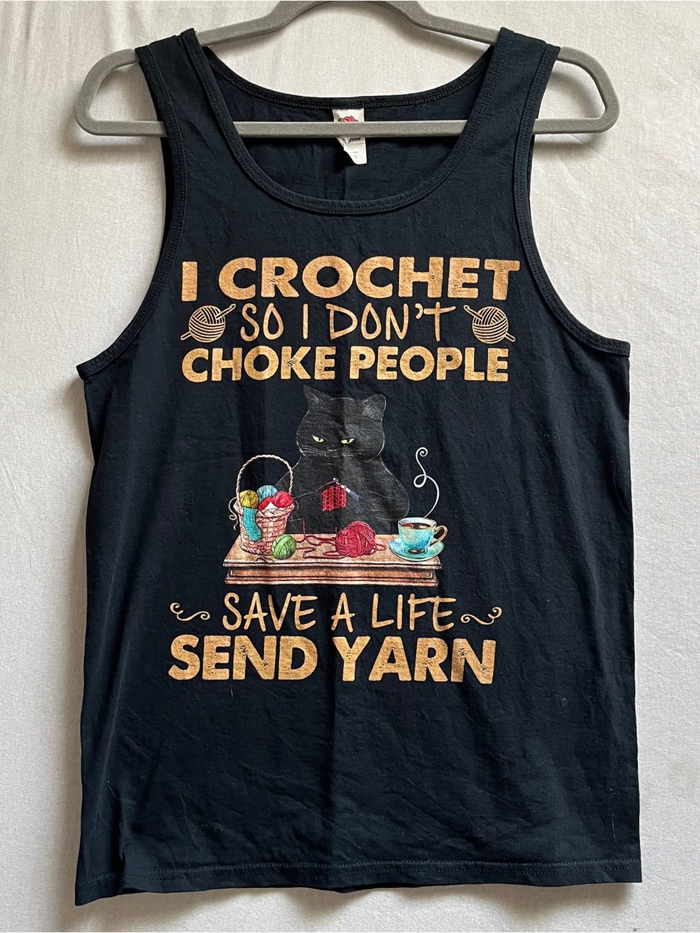 Fruit of the Loom Black Crochet Cat Graphic Tank Top "Send Yarn" Womens Size S